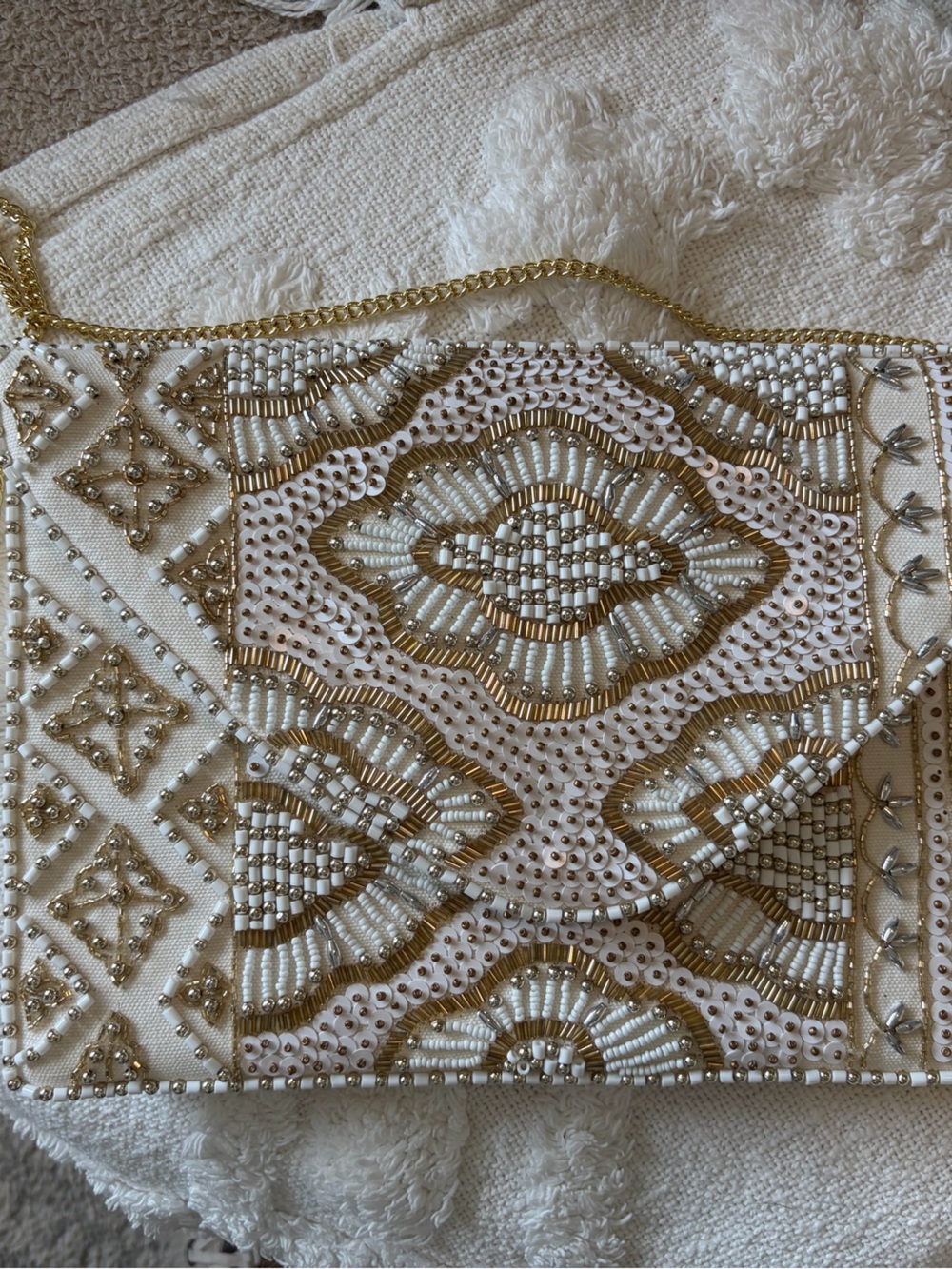 Lulu's White & Gold Beaded Embellished Clutch